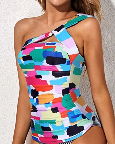 Classy Ruched Bathing Suit Top Asymmetric Cut Tankini Top-Aqua 4 Classy Ruched Bathing Suit Top Asymmetric Cut Tankini Top-Aqua - Image 4