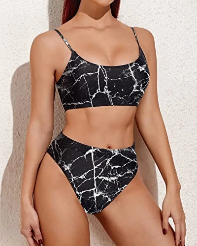 Tummy Control High Waisted Bikini Sporty Scoop Neck Swimsuits-Black Marble 3 Tummy Control High Waisted Bikini Sporty Scoop Neck Swimsuits-Black Marble - Image 3
