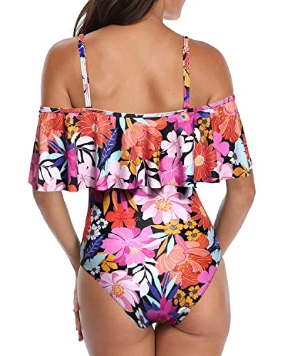 Retro-Style One Piece Swimsuit Ruffled Sleeves-Pink Floral 2 Retro-Style One Piece Swimsuit Ruffled Sleeves-Pink Floral - Image 2