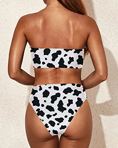 Slimming Two Piece Bikini High Cut Bottom And Strapless Top-Black And White Cow Pattern 2 Slimming Two Piece Bikini High Cut Bottom And Strapless Top-Black And White Cow Pattern - Image 2