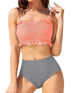 Tropical Vacation Two Piece Bikini Set Ruffled Bikini-Coral Pink Stripe