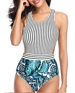 Zip-Up Monokini One Piece Tummy Control Cutout Swimsuits For Teen Girls-Stripe And Leaf -Bikini Beach Shop 51D2BauLgxL abaca190 ea83 46bc abd9 084038b1859a