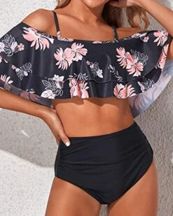 High Waisted Two Piece Off Shoulder Bikini Set-Black Orange Floral -Bikini Beach Shop 51DHSE 1JDL 70b6605e bc05 4793 b582 786c3f102716
