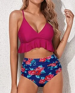 Women's Ruffle Flounce High Waisted Bikini Set-Pink Floral -Bikini Beach Shop 51D zqlG9tS 5836285f 6706 4120 86d3 f6dd1b5793ea