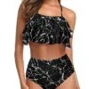 Sultry Backless Two Piece Swimsuits Ruffled Halter Top For Teens-Black Marble