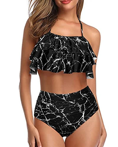 Sultry Backless Two Piece Swimsuits Ruffled Halter Top For Teens-Black Marble 1 Sultry Backless Two Piece Swimsuits Ruffled Halter Top For Teens-Black Marble