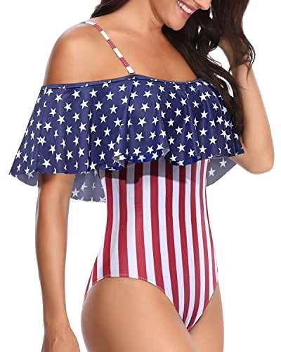 Elegant Ruffle Off Shoulder One Piece Bathing Suit-Flag 3 Elegant Ruffle Off Shoulder One Piece Bathing Suit-Flag - Image 3
