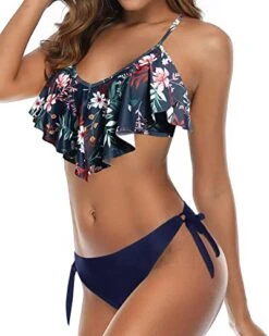 Side Tie Bottom Padded Ruffled Top Bikini For Women Set-Blue Colorul Flowers -Bikini Beach Shop 51EdPaFTn3L