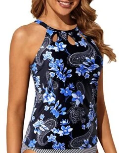 Backless Swim Tank Top High Neck Tankini Top-Blue Paisley -Bikini Beach Shop 51F 3mK51L