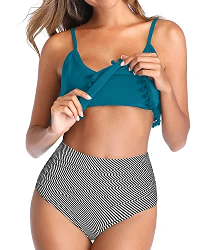 Flattering High Waisted Swimsuit Women's Ruffle Flounce Bikini With Pom Pom Trim 3 Flattering High Waisted Swimsuit Women's Ruffle Flounce Bikini With Pom Pom Trim - Image 3