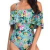 Padded Bra Off Shoulder One Piece Swimsuit-Mint Flowers
