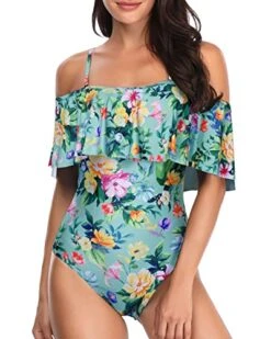 Padded Bra Off Shoulder One Piece Swimsuit-Mint Flowers