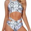 Sexy Adjustable Tie Waist Bottom Two Piece High Neck Bikini Set-Snake Print
