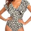 Push Up Flounce Sleeve V Neck One Piece Swimsuit-Leopard
