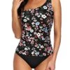 Fashionable One Shoulder Tankini Bikini Bottoms For Women-Black Flowers