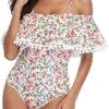 Tropical Long Torso One Piece Swimsuit Off Shoulder Women's Swimwear-White Floral