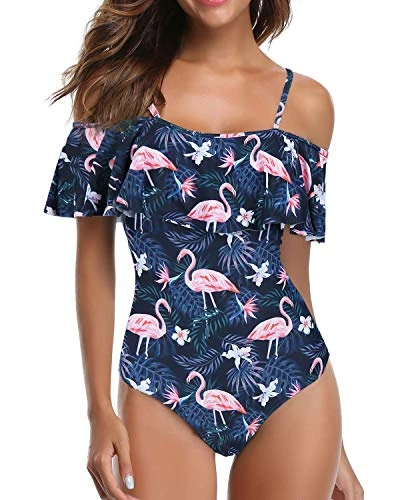 Off Shoulder Ruffled Retro One Piece Swimsuit For Women-Blue Flamingo 1 Off Shoulder Ruffled Retro One Piece Swimsuit For Women-Blue Flamingo