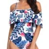 Slimming Off Shoulder Vintage One Piece Swimsuits-White And Blue Floral