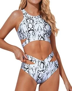 Sexy Adjustable Tie Waist Bottom Two Piece High Neck Bikini Set-Snake Print -Bikini Beach Shop 51HTtPHJmWL