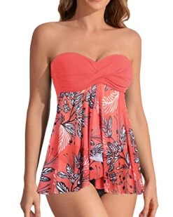 Women's Strapless Bandeau 2 Piece Tankini Swimsuits-Pink Flower