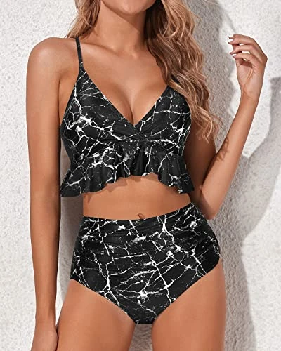 Two Piece Comfortable Beach Vacation Ruffle High Waisted Bikini Ruched-Black Marble 4 Two Piece Comfortable Beach Vacation Ruffle High Waisted Bikini Ruched-Black Marble - Image 4
