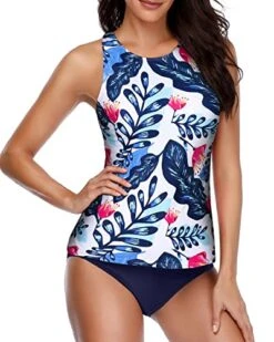 Two Piece Tankini Swimsuits High Neck And Shorts-White And Blue Floral -Bikini Beach Shop 51HoxUZSnzL
