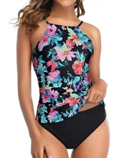 Charming Adjustable Neckline Two Piece Tankini Swimsuit-Pink Flower Blue -Bikini Beach Shop 51HwKkwPw L