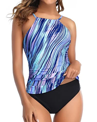 Fashionable High Neck Ruched Tankini Swimsuit For Women-Blue And Black Stripe 4 Fashionable High Neck Ruched Tankini Swimsuit For Women-Blue And Black Stripe - Image 4