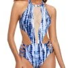 Sexy Backless High NeckBackless One Piece Swimsuit-Blue Tie Dye