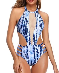 Sexy Backless High NeckBackless One Piece Swimsuit-Blue Tie Dye