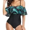 One Piece Off Shoulder Lace Swimsuits Ruffle Flounce Hollow Bathing Suits-Black And Green Leaves
