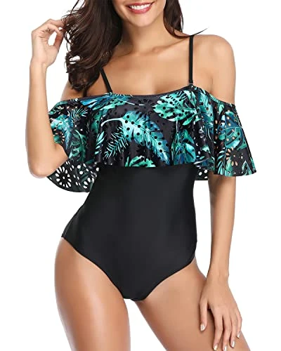 One Piece Off Shoulder Lace Swimsuits Ruffle Flounce Hollow Bathing Suits-Black And Green Leaves 1 One Piece Off Shoulder Lace Swimsuits Ruffle Flounce Hollow Bathing Suits-Black And Green Leaves