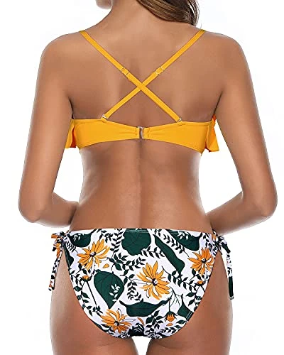 Two Piece Flounce Bikini Side Tie Bottom Ruffled Bikini For Women-Yellow Floral 2 Two Piece Flounce Bikini Side Tie Bottom Ruffled Bikini For Women-Yellow Floral - Image 2