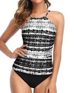 Versatile High Neck Two Piece Tankini Swimsuit-Black And White Tribal