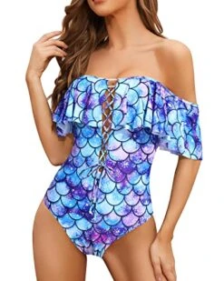Off Shoulder Flounce Longer Torso One Piece Lace Up Ruffled Swimsuit-Blue-Purple Mermaid Scales -Bikini Beach Shop 51KiyjX7tDL