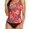 Asymmetric One Shoulder Strap Suit For Women Tankini Two Piece-Red Floral