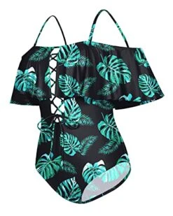 Flounce One Piece Swimsuit Off-The-Shoulder Lace-Up Backless Bathing Suit-Black And Green Leaf -Bikini Beach Shop 51LJG66bzEL