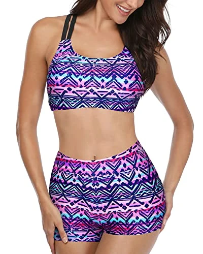 Women's Backless Tankini Athletic 3 Piece Swimsuits-Black And Tribal Purple 3 Women's Backless Tankini Athletic 3 Piece Swimsuits-Black And Tribal Purple - Image 3