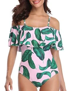 Vintage Off-Shoulder Ruffle One Piece Swimsuits-Pink Leaf