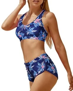 Mid Waist Boyleg Shorts Two Piece Bathing Suits For Women-Blue Floral -Bikini Beach Shop 51LyAbZvLtL