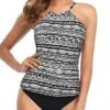 Elegant Ruched Tummy Control Two Piece Tankini Swimsuit-Black Tribal