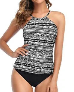 Elegant Ruched Tummy Control Two Piece Tankini Swimsuit-Black Tribal