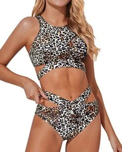 Stylish Two Piece High Neck Bandage Two Piece Bathing Suits-Leopard -Bikini Beach Shop 51MU 39IBoL