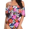Retro-Style One Piece Swimsuit Ruffled Sleeves-Pink Floral