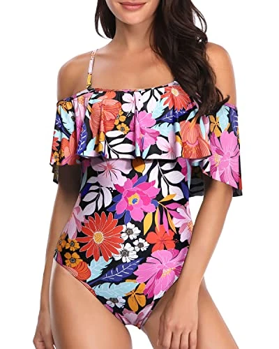 Retro-Style One Piece Swimsuit Ruffled Sleeves-Pink Floral 1 Retro-Style One Piece Swimsuit Ruffled Sleeves-Pink Floral