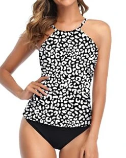 Attention-Grabbing High Neck 2 Piece Tankini Swimsuits For Women-Black And Leopard