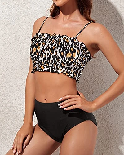 Adjustable Shoulder Straps Design Smocked 2 Piece Swimsuit-Black And Leopard 3 Adjustable Shoulder Straps Design Smocked 2 Piece Swimsuit-Black And Leopard - Image 3
