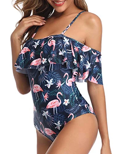 Off Shoulder Ruffled Retro One Piece Swimsuit For Women-Blue Flamingo 3 Off Shoulder Ruffled Retro One Piece Swimsuit For Women-Blue Flamingo - Image 3