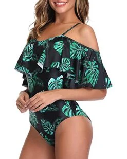 Slimming Off Shoulder One Piece Swimsuit For Women-Black And Green Leaf -Bikini Beach Shop 51PY cGtZJL