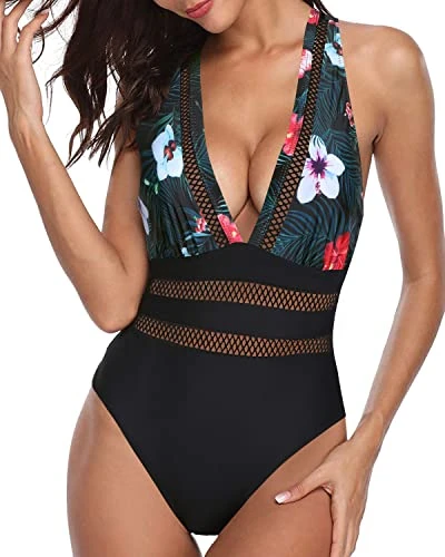 Comfy Padded Push Up V Neck One Piece Swimsuits-Black Floral 2 Comfy Padded Push Up V Neck One Piece Swimsuits-Black Floral - Image 2